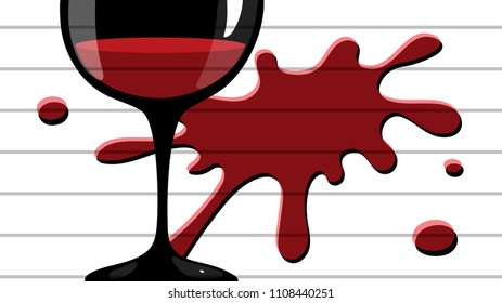 Vector illustration of a shiny black wine glass of red wine with a red splash of spray and drops on a gray white background isolate