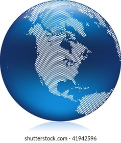 Vector illustration of shiny blue Earth globe with round pattern dots, North America region