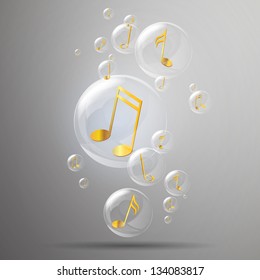 Ilustración vectorial de burbujas brillantes y notas de música dorada en ella