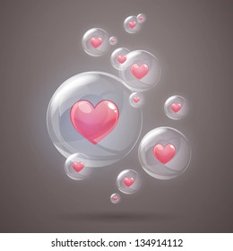 Vector Illustration of Shiny Bubbles with Hearts