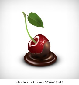 Vector illustration. Shiny cherry with melt chocolate on vignette background. Flat style. Element for web designs.