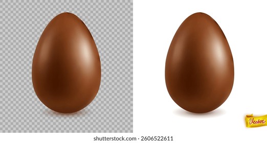 Vector illustration of a shiny chocolate Easter egg with realistic highlights, shown on transparent and white backgrounds, perfect for packaging, ads, and holiday decorations