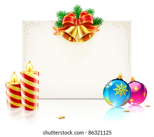 Vector illustration of shiny Christmas frame with golden bells, Christmas decoration and funky candles