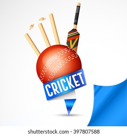 Vector illustration of shiny cricket ball with paper curve background.