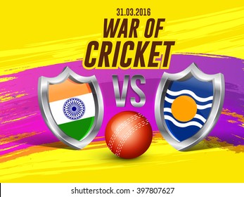 Vector illustration of shiny cricket ball and shield of different participating cricket countries with yellow background.