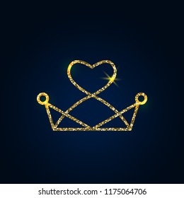 Vector illustration of shiny crystal crown with gold glitter sparkles on dark background, royal glow light symbol of power, golden bright particles dust foil