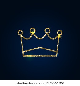 Vector illustration of shiny crystal crown with gold glitter sparkles on dark background, royal glow light symbol of power, golden bright particles dust foil