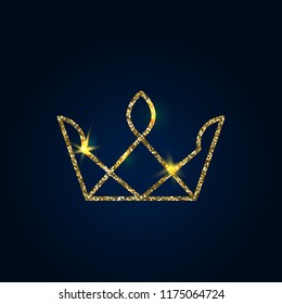 Vector illustration of shiny crystal crown with gold glitter sparkles on dark background, royal glow light symbol of power, golden bright particles dust foil