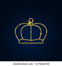 Vector illustration of shiny crystal crown with gold glitter sparkles on dark background, royal glow light symbol of power, golden bright particles dust foil