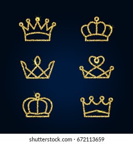 Vector illustration of shiny crystal crown set with gold glitter sparkles on dark background