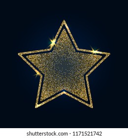 Vector illustration of shiny crystal star with gold glitter sparkles on dark background. Design element for holiday card, social media, shop, web, mobile, banner, poster, promotion, ad