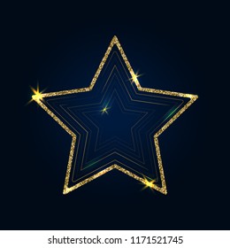 Vector illustration of shiny crystal star with gold glitter sparkles on dark background. Design element for holiday card, social media, shop, web, mobile, banner, poster, promotion, ad