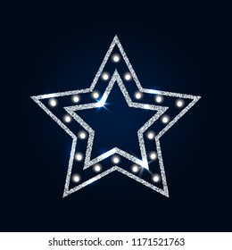 Vector illustration of shiny crystal star with silver glitter sparkles on dark background. Design element for holiday card, social media, shop, web, mobile, banner, poster, promotion, ad