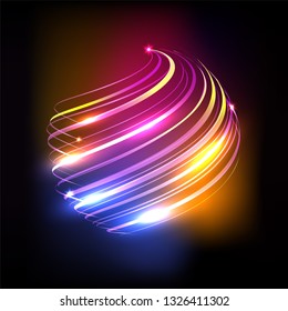 Vector illustration of shiny curved lines formed as sphere on black background for science or technology concept.