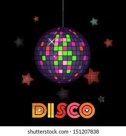 Vector illustration of a shiny disco ball on dark background with stars