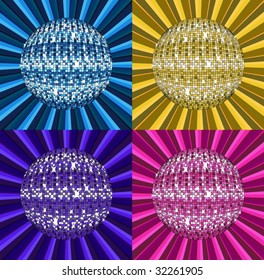 Ilustración vectorial de la bola disco brillante en cuatro esquemas de color