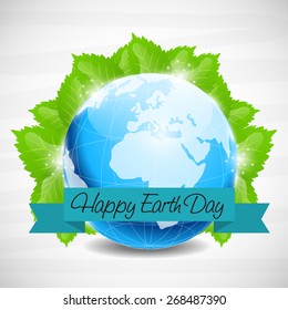 Vector illustration of shiny earth with leaves for Happy Earth Day in gray background.