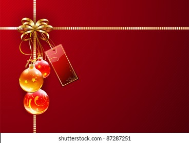Vector illustration of shiny gift wrapping with golden ribbon, bow, red empty tag and decorations