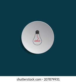 Vector illustration of shiny, glossy, glowing lamp bulb on round white/grey gradient background. Concept of thinking, creating new ideas. Bright light that illuminates.