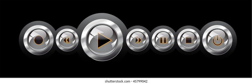 Vector illustration shiny glossy media player navigation. Abstract retro object isolated on black background.