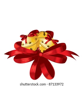 Vector illustration of shiny golden Christmas bells decorated with red bow