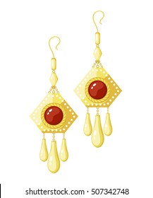 Vector illustration of shiny golden earrings on a white background. Cartoon style earrings with 
red gem