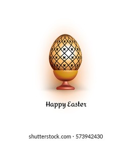 Vector illustration of a shiny golden Easter egg in a stand. Naturally colored egg shell is covered with decorative ornament. Souvenir Easter egg on white background.