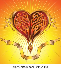 VECTOR Illustration of a shiny golden hot glowing heart with plasma inside of its inner tribal shape, as well as banners / scrolls.