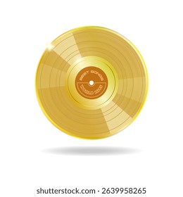 Vector illustration of a shiny golden vinyl record on a dark background. Symbol of musical excellence, achievement, and retro audio style.