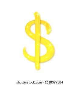 Vector illustration with shiny hand drawn dollar sign made of yellow realistic brush strokes. Gold textured symbol of wealth isolated on white background.