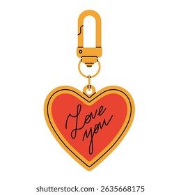 Vector illustration with a shiny metal heart-shaped keychain engraved with the sweet message “Love You”. Perfect for Valentine's Day, anniversaries, wedding, logo design , greeting cards, prints.
