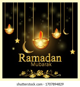 vector illustration of shiny Ramadan Kareem label and glowing gold arabic lamp design card background.