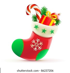 Vector Illustration Of Shiny Red Christmas Stocking With Cool Presents