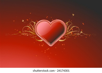 Vector illustration of shiny red heart shape with floral decoration elements