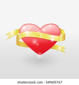 Vector illustration of shiny red heart with golden yellow ribbon. Valentines day romantic background
