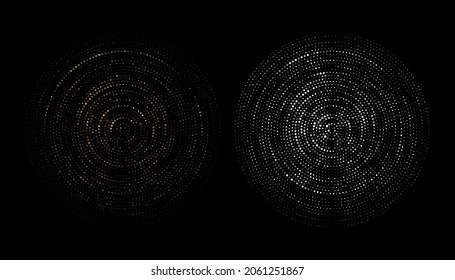 Vector illustration of shiny silver and golden round shaped forms with pattern of lines on black background