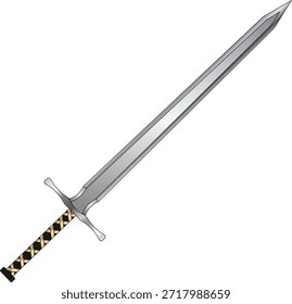 Ilustração vetorial de uma espada prateada brilhante com um punho coberto por tiras douradas.