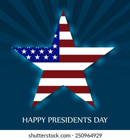 Vector illustration of a shiny star for Happy Presidents Day in USA flag color with blue background.