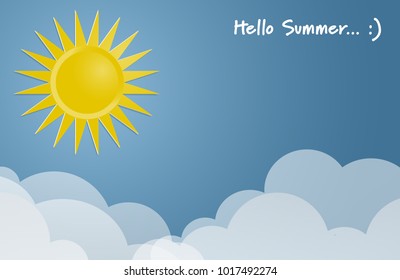 Vector illustration of shiny sun and clouds in the blue sky. Sunny background, blue sky with white clouds and sun paper art style.