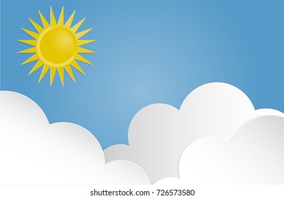 Vector illustration of shiny sun and clouds in the blue sky. Sunny background, blue sky with white clouds and sun paper art style.