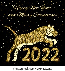 Ilustración vectorial de un tigre brillante saltando sobre tsivras 2022. Plantilla festiva para Año Nuevo, Navidad, tarjeta de saludo. La mascota de 2022.