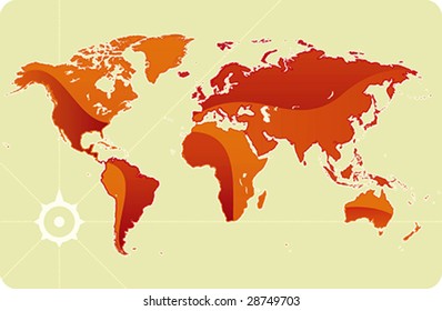 Vector illustration of shiny world map. Only global colors. CMYK. Easy color changes. Map data from public source https://www.cia.gov/library/publications/the-world-factbook/docs/refmaps.html