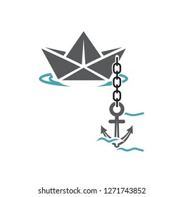 Vector illustration of the ship, anchor on a chain and sea waves. Set of vector symbols. Arrival and the mooring in port. Flat design Monohrome