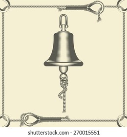 Vector illustration of a ship bell in rope frame in the old-fashioned style and line-art style. Can be used as a tattoo / vector illustration ship bell in sea frame