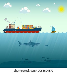 Vector illustration of ship and boat floating by sea. Business and leadership concept design element in flat style. Career achievements and personal growth