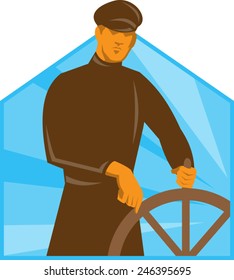 vector illustration of a ship captain helmsman at the steering wheel viewed from front done in art deco retro style.