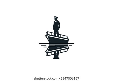 Vector illustration of a ship captain standing on the prow of a boat, featuring a symmetrical reflection effect in a minimalist flat design style.