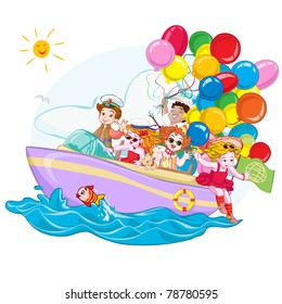 Vector illustration, ship full with happy kids, card concept.