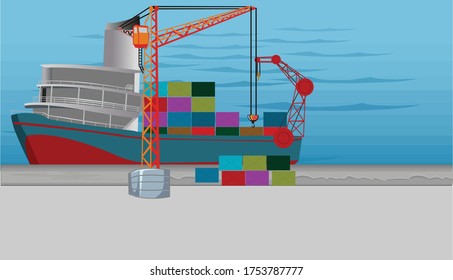 Vector Illustration of Ship, Harbour, Cargo Boat