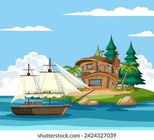 Vector illustration of ship near a tropical island home